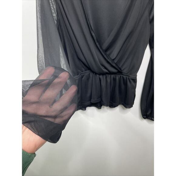 Express Black Long Sleeve Deep Draped V Neck Peplum Blouse Sheer Faux Wrap Top M - Picture 5 of 10